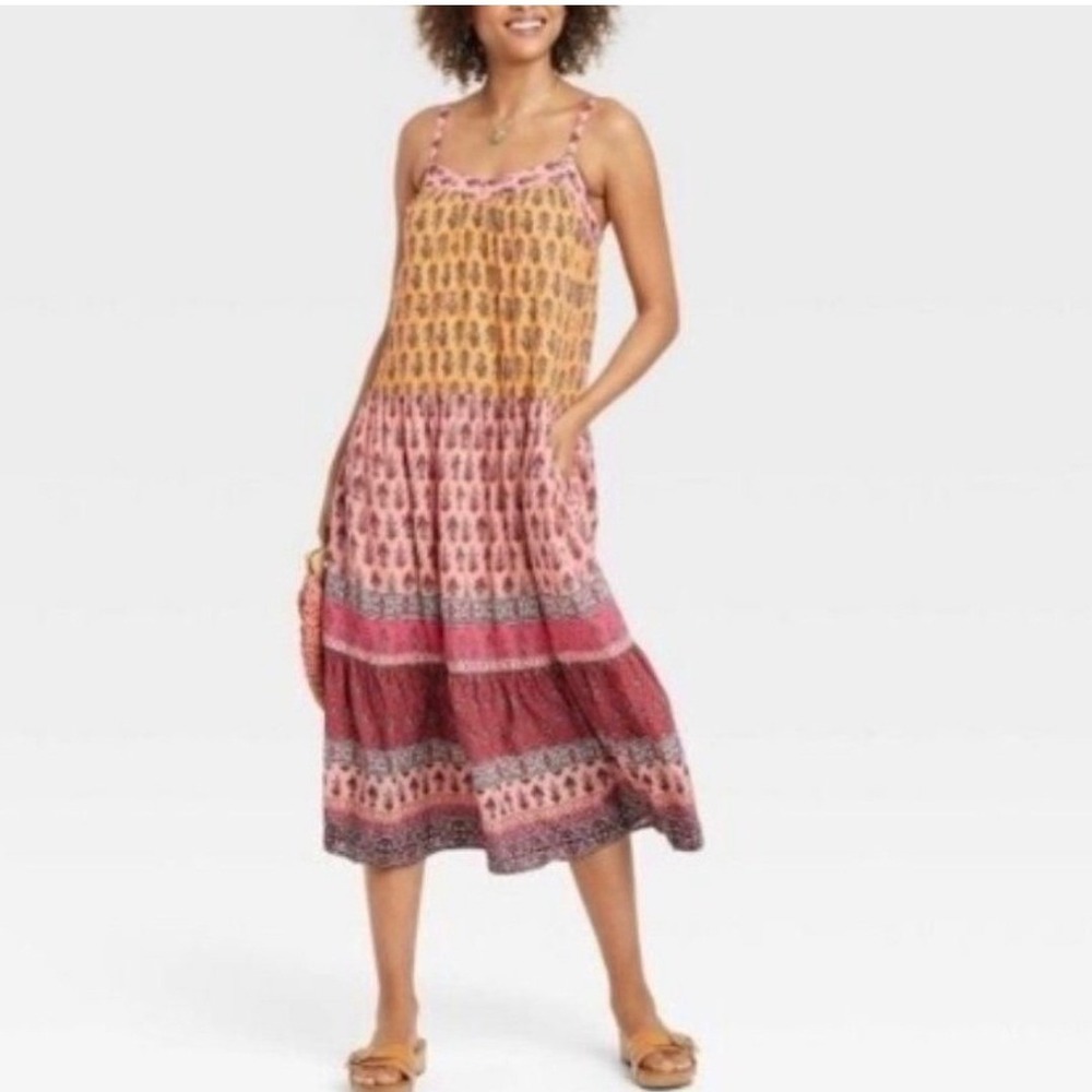 Knox Rose Floral Dress XS Red Boho ALine Tiered Midi Sweetheart Layer Sleeveless